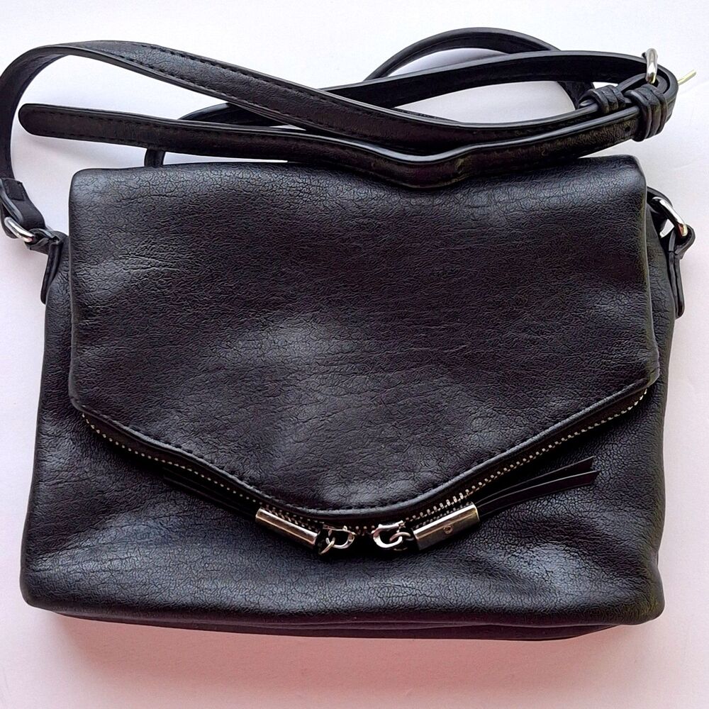Madison West Black Vegan Pebbed Leather Envelope Crossbody Minimalist Moto VFlap